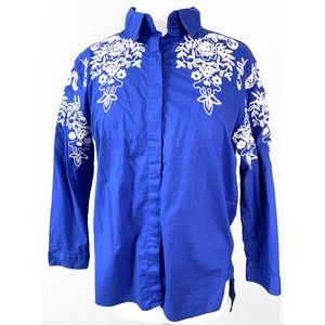 Velzera Women's Button Front Embroidered Blue Shirt, Size L